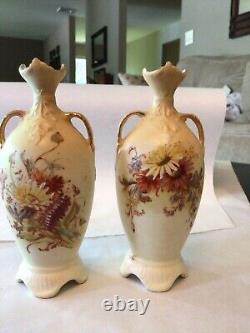 Pair of Austrian Art Nouveau Porcelain Hand Painted Double Handled Vases