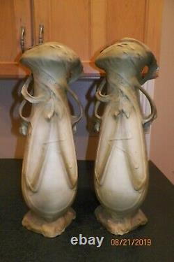 Pair of Two Antique Amphora Vases Teplitz Art Nouveau Delicate Rose Design 21