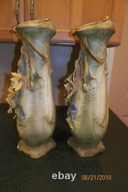 Pair of Two Antique Amphora Vases Teplitz Art Nouveau Delicate Rose Design 21