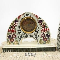 RARE Austrian Gudrun Three Piece Mantle Clock 2 Matching Vases Art Deco Nouveau