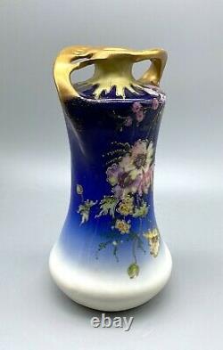RStK Teplitz Stellmacher Art Nouveau Amphora Floral Cobalt Blue Vase