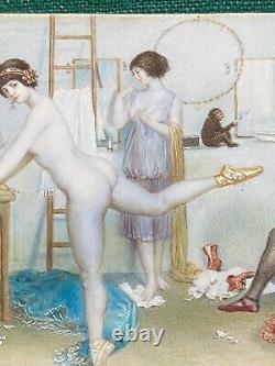 Rare Antique Austrian Risque Erotic Goache of a Nude Ballerina & Monkeys