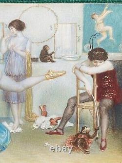 Rare Antique Austrian Risque Erotic Goache of a Nude Ballerina & Monkeys