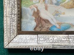 Rare Antique Austrian Risque Erotic Goache of a Nude Lady Being Fanned & Violin