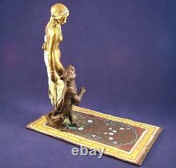 Rare Franz Bergman Erotic Austrian Cold Painted Bronze Girl with Leopard, Signed