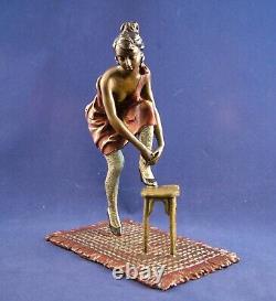 Rare Franz Bergman Erotic Austrian Cold Painted Bronze Girl with stool, Signed