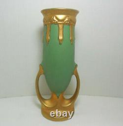 Rare Julius Dressler Antique Bohemian Austrian Art Nouveau Green & Gold Vase