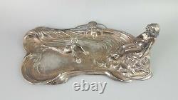 Silver-Plated Art Nouveau Tray With A Child Surprised By A Mermaid Child, 1900th