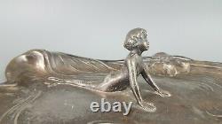 Silver-Plated Art Nouveau Tray With A Child Surprised By A Mermaid Child, 1900th
