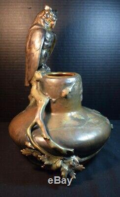 Teplitz Imperial Amphora Austrian Art Nouveau Pottery Vase with Owl
