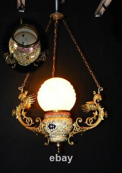 Vintage 19th C Austrian bronze & hand painted porcelain 3 dragon chandelier