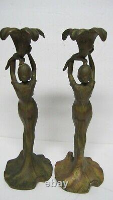 Vintage Art Nouveau Bronze Women Candlestick Holders