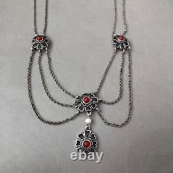 Vintage Austrian Art Nouveau Necklace Silver 835 Red Coral Festoon Necklace 18