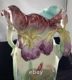 Vintage Austrian Majolica Vase With Iris Top, Lady And Frog