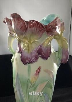 Vintage Austrian Majolica Vase With Iris Top, Lady And Frog