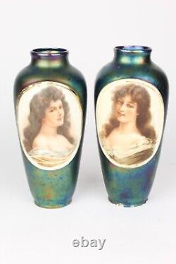 Vintage Pair Austrian Art Nouveau Style Iridescent Porcelain Portrait Vases