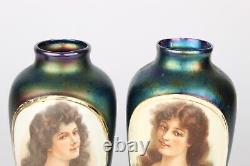 Vintage Pair Austrian Art Nouveau Style Iridescent Porcelain Portrait Vases