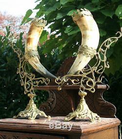 XL Exclusive PAIR Art nouveau 1900 austrian/german Brass Cornucopia horn hunting