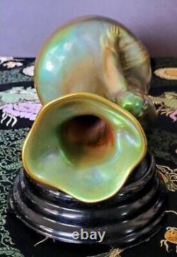 ZSOLNAY Austria-Hungarian Era Eosin Green Iridescent Glaze Vase w-Org Blk Glass